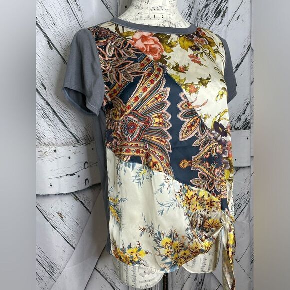 Anthropologie Tiny Short Sleeve Floral Mix Media Tie Front XS - Picture 2 of 7